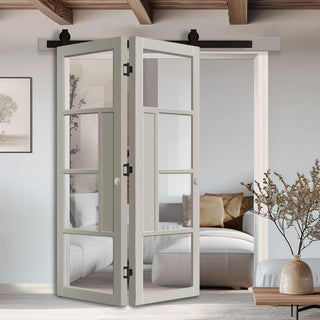 Image: SpaceEasi Top Mounted Black Folding Track & Double Door - Eco-Urban® Boston 4 Pane Solid Wood Door DD6311G - Clear Glass - Premium Primed Colour Options