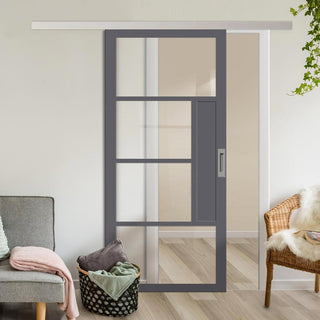Image: Single Sliding Door & Premium Wall Track - Eco-Urban® Boston 4 Pane Door DD6311G - Clear Glass - 6 Colour Options