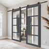 Top Mounted Black Sliding Track & Solid Wood Double Doors - Eco-Urban Boston 4 Pane Doors DD6311 - Clear Reeded Glass - Stormy Grey Premium Primed