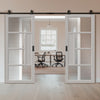 Top Mounted Black Sliding Track & Solid Wood Double Doors - Eco-Urban Boston 4 Pane Doors DD6311 - Clear Reeded Glass - Mist Grey Premium Primed