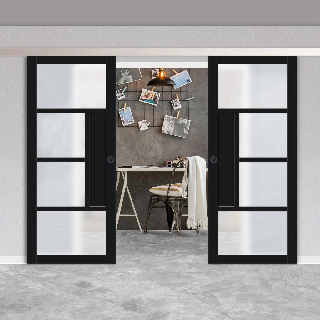Double Sliding Door & Premium Wall Track - Eco-Urban® Boston 4 Pane Doors DD6311SG - Frosted Glass - 6 Colour Options