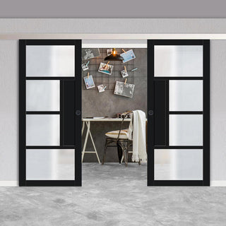 Image: Double Sliding Door & Premium Wall Track - Eco-Urban® Boston 4 Pane Doors DD6311SG - Frosted Glass - 6 Colour Options