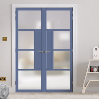Image: Eco-Urban Boston 4 Pane Solid Wood Internal Door Pair UK Made DD6311SG - Frosted Glass - Eco-Urban® Heather Blue Premium Primed