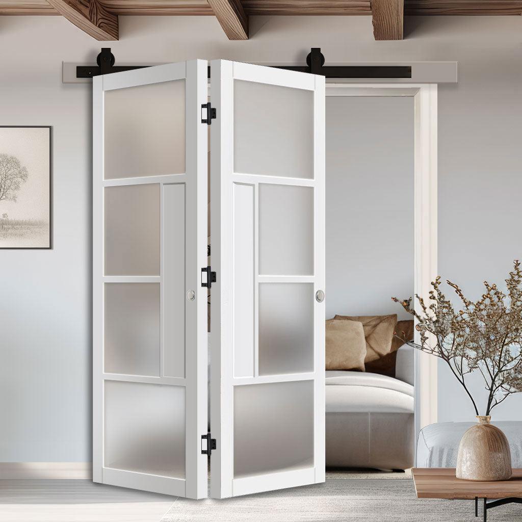 SpaceEasi Top Mounted Black Folding Track & Double Door - Eco-Urban® Boston 4 Pane Solid Wood Door DD6311SG - Frosted Glass - Premium Primed Colour Options