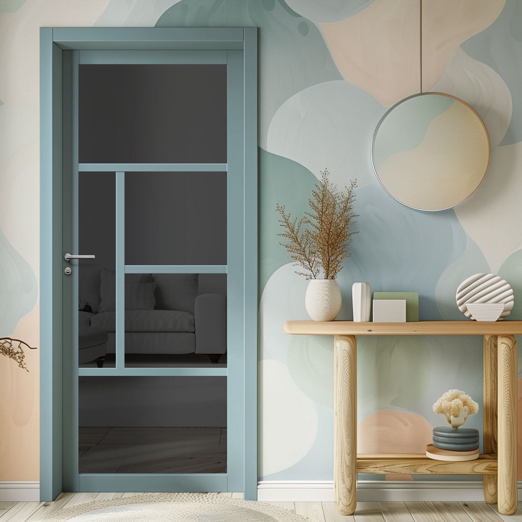 Boston 4 Pane Solid Wood Internal Door UK Made DD6311 - Tinted Glass - Eco-Urban® Sage Sky Premium Primed