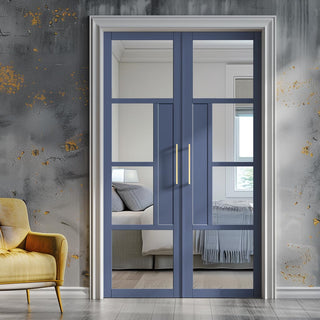 Image: Boston 4 Pane Solid Wood Internal Door Pair UK Made DD6311G - Clear Glass - Eco-Urban® Heather Blue Premium Primed