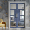 Boston 4 Pane Solid Wood Internal Door Pair UK Made DD6311G - Clear Glass - Eco-Urban® Heather Blue Premium Primed