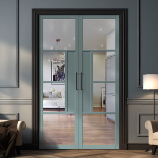 Image: Boston 4 Pane Solid Wood Internal Door Pair UK Made DD6311 - Clear Reeded Glass - Eco-Urban® Sage Sky Premium Primed