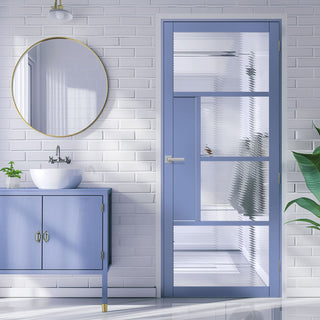 Image: Boston 4 Pane Solid Wood Internal Door UK Made DD6311 - Clear Reeded Glass - Eco-Urban® Heather Blue Premium Primed