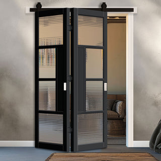 Image: SpaceEasi Top Mounted Black Folding Track & Double Door - Handcrafted Eco-Urban Boston 4 Pane Solid Wood Door DD6311 - Clear Reeded Glass - Premium Primed Colour Options