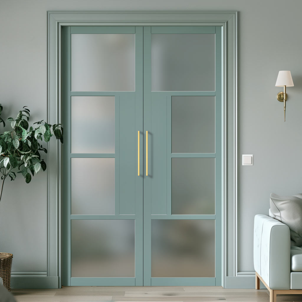 Eco-Urban Boston 4 Pane Solid Wood Internal Door Pair UK Made DD6311SG - Frosted Glass - Eco-Urban® Sage Sky Premium Primed