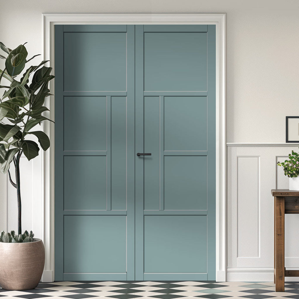 Boston 4 Panel Solid Wood Internal Door Pair UK Made DD6311  - Eco-Urban® Sage Sky Premium Primed