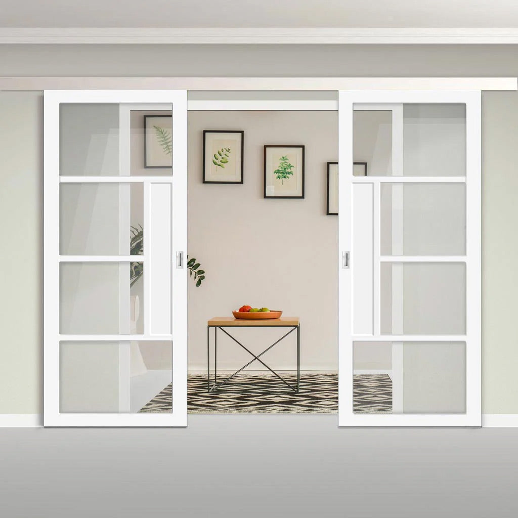 Double Sliding Door & Premium Wall Track - Eco-Urban® Boston 4 Pane Doors DD6311G - Clear Glass - 6 Colour Options