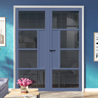 Image: Boston 4 Pane Solid Wood Internal Door Pair UK Made DD6311 - Tinted Glass - Eco-Urban® Heather Blue Premium Primed