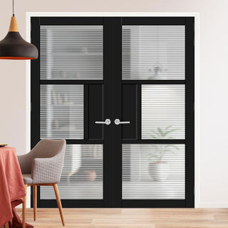 Image: Breda 3 Pane 1 Panel Solid Wood Internal Door Pair UK Made DD6439 - Clear Reeded Glass - Eco-Urban® Shadow Black Premium Primed