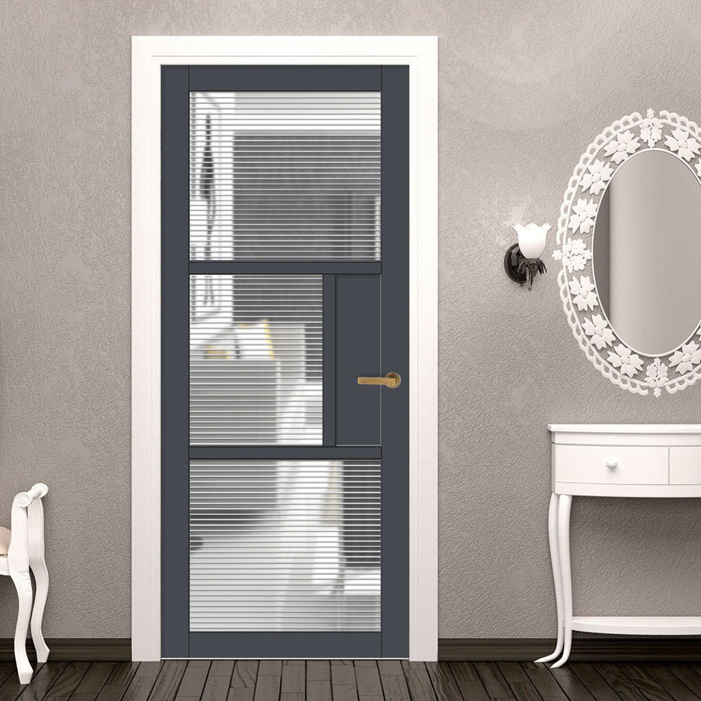 Breda 3 Pane 1 Panel Solid Wood Internal Door UK Made DD6439 - Clear Reeded Glass - Eco-Urban® Stormy Grey Premium Primed