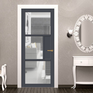 Image: Breda 3 Pane 1 Panel Solid Wood Internal Door UK Made DD6439 - Clear Reeded Glass - Eco-Urban® Stormy Grey Premium Primed