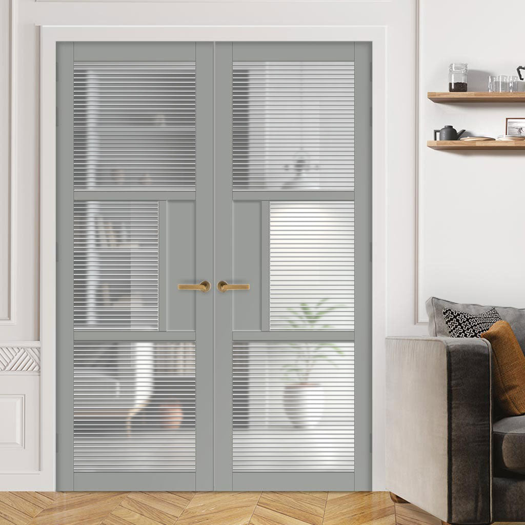 Breda 3 Pane 1 Panel Solid Wood Internal Door Pair UK Made DD6439 - Clear Reeded Glass - Eco-Urban® Mist Grey Premium Primed