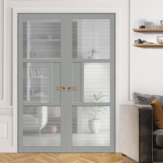 Image: Breda 3 Pane 1 Panel Solid Wood Internal Door Pair UK Made DD6439 - Clear Reeded Glass - Eco-Urban® Mist Grey Premium Primed
