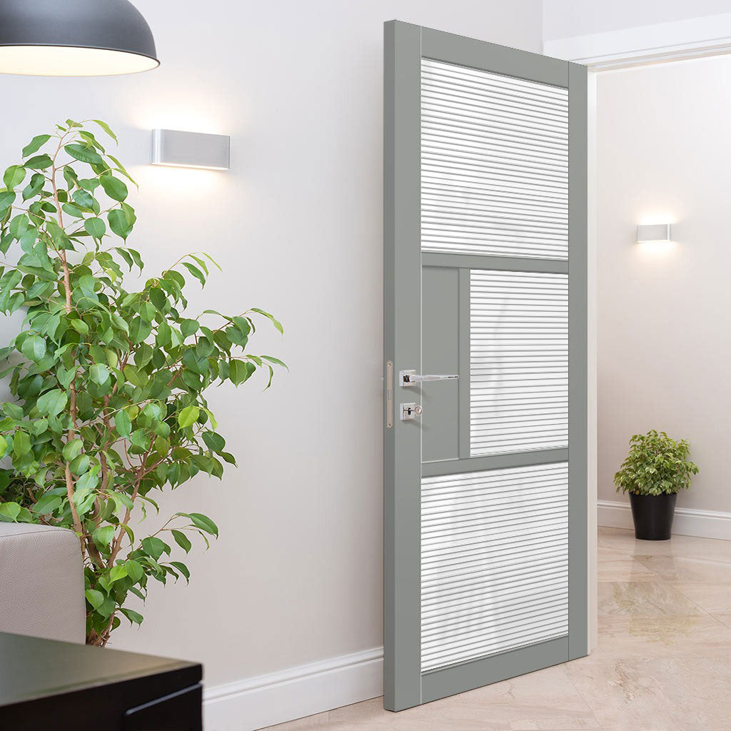 Breda 3 Pane 1 Panel Solid Wood Internal Door UK Made DD6439 - Clear Reeded Glass - Eco-Urban® Mist Grey Premium Primed