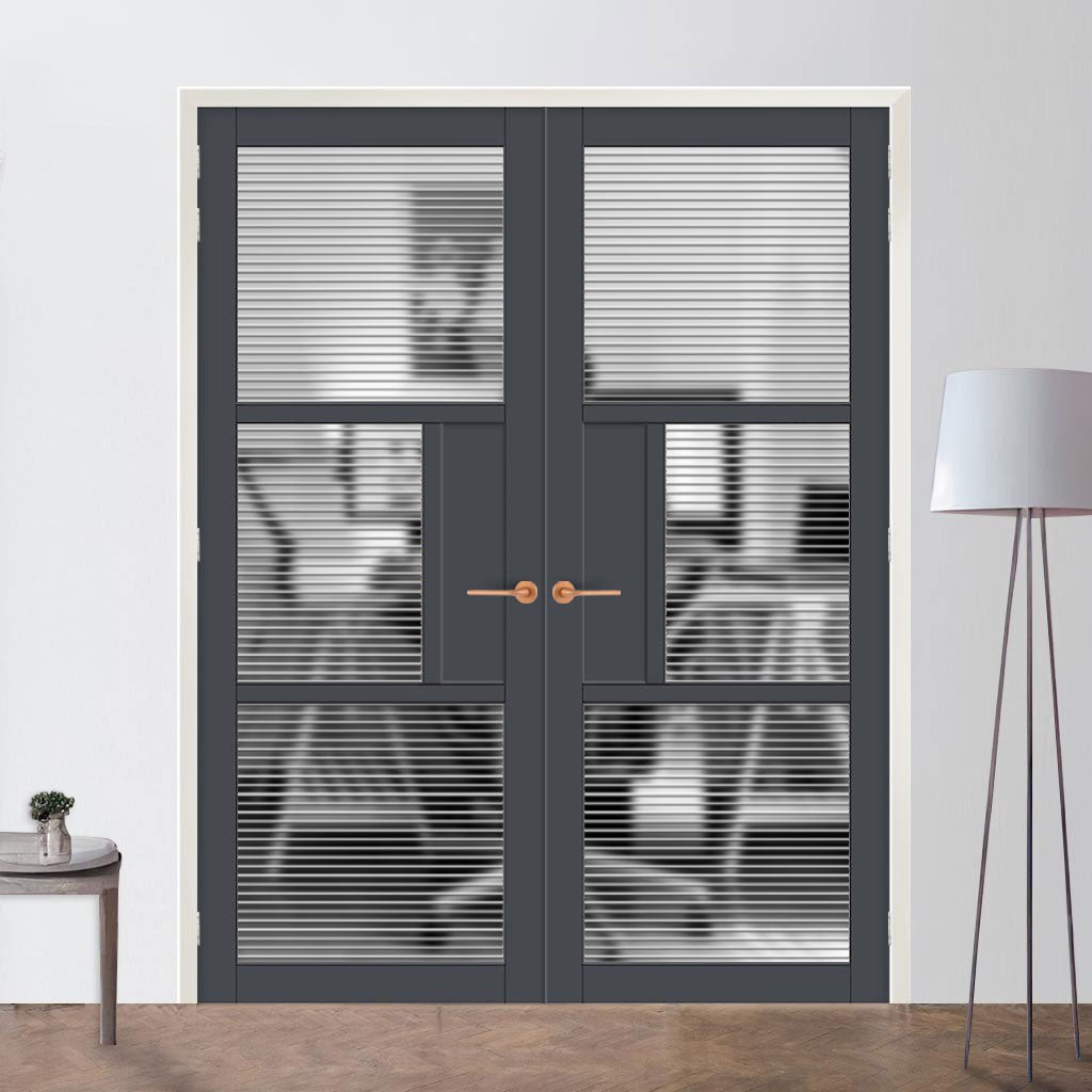 Breda 3 Pane 1 Panel Solid Wood Internal Door Pair UK Made DD6439 - Clear Reeded Glass - Eco-Urban® Stormy Grey Premium Primed