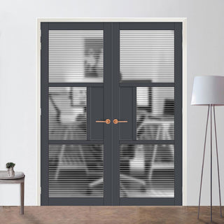 Image: Breda 3 Pane 1 Panel Solid Wood Internal Door Pair UK Made DD6439 - Clear Reeded Glass - Eco-Urban® Stormy Grey Premium Primed