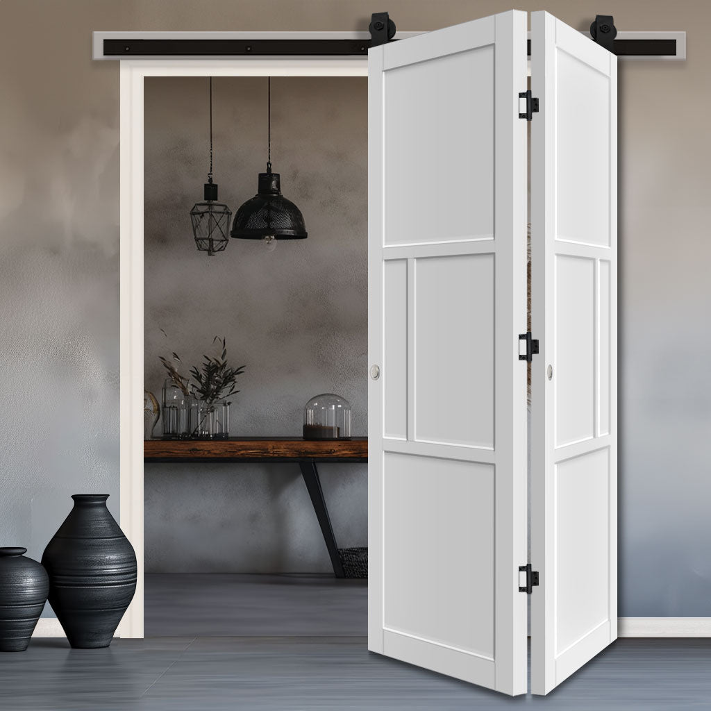 SpaceEasi Top Mounted Black Folding Track & Double Door - Eco-Urban® Breda 4 Panel Solid Wood Door DD6439 - Premium Primed Colour Options