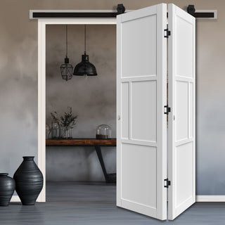 Image: SpaceEasi Top Mounted Black Folding Track & Double Door - Eco-Urban® Breda 4 Panel Solid Wood Door DD6439 - Premium Primed Colour Options