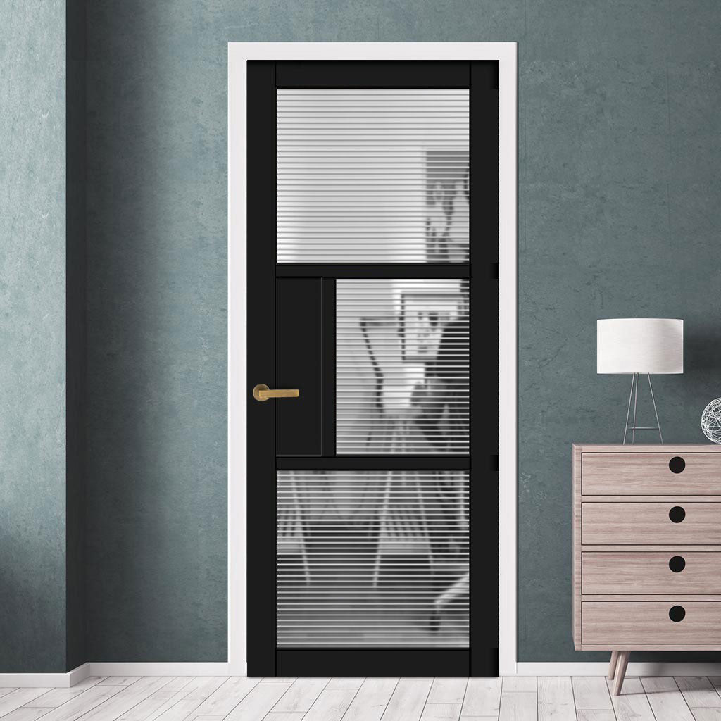 Breda 3 Pane 1 Panel Solid Wood Internal Door UK Made DD6439 - Clear Reeded Glass - Eco-Urban® Shadow Black Premium Primed