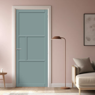Image: Breda 4 Panel Solid Wood Internal Door UK Made DD6439 - Eco-Urban® Sage Sky Premium Primed