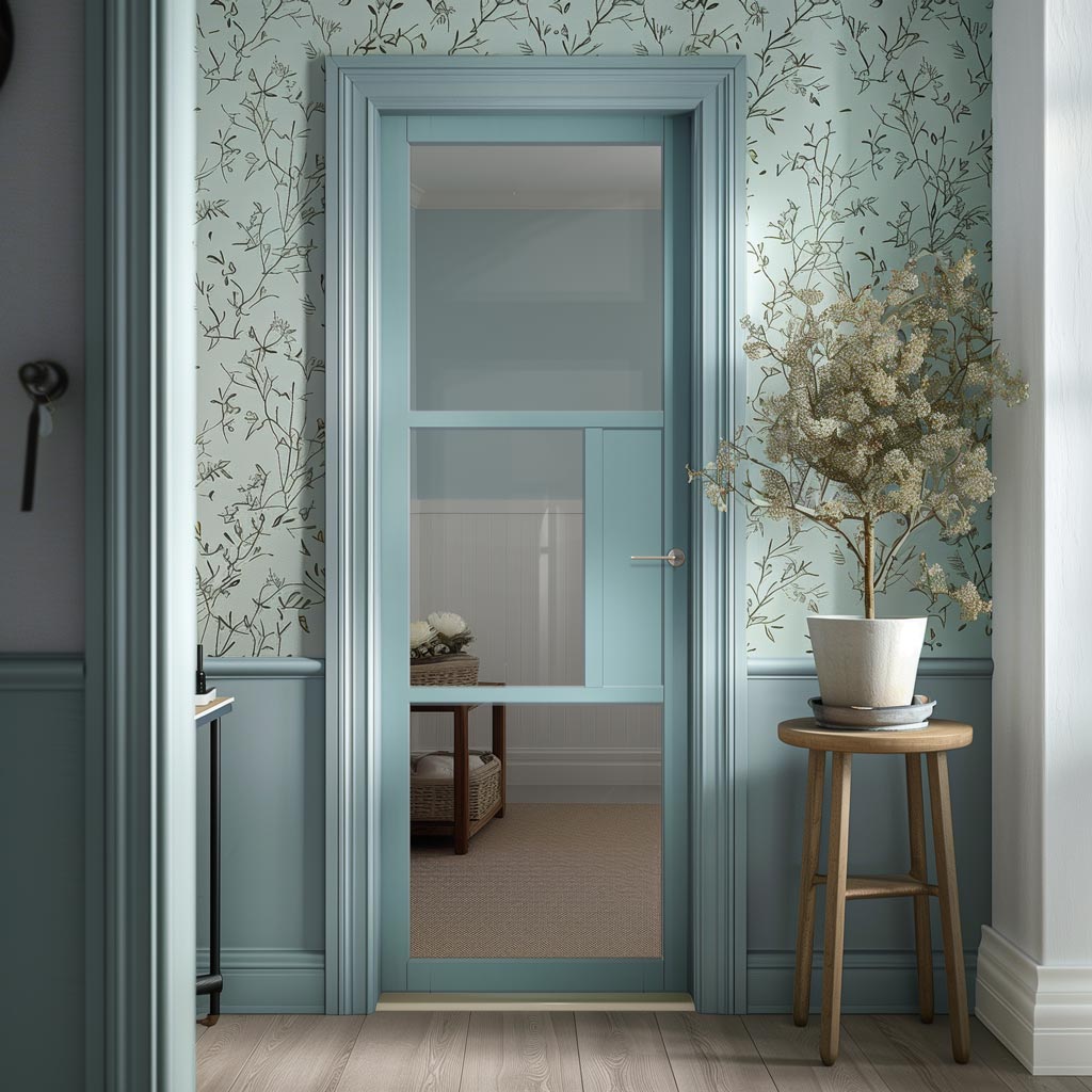 a Brooklyn 4 Pane Solid Wood Internal Door, specifically the DD6308 model, featuring clear reeded glass and an Eco Urban® Sage Sky Premium Primed finish