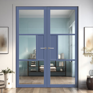 Image: Breda 3 Pane  Solid Wood Internal Door Pair UK Made DD6439G Clear Glass - Eco-Urban® Heather Blue Premium Primed