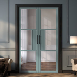 Image: Breda 3 Pane  Solid Wood Internal Door Pair UK Made DD6439G Clear Glass - Eco-Urban® Sage Sky Premium Primed