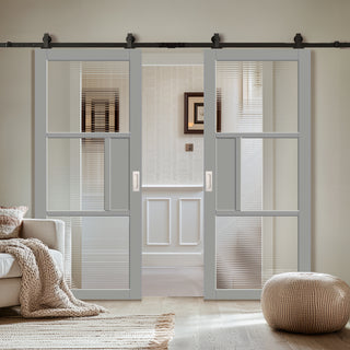 Image: Top Mounted Black Sliding Track & Solid Wood Double Doors - Eco-Urban Breda 3 Pane 1 Panel Doors DD6439R Clear Reeded Glass - Mist Grey Premium Primed