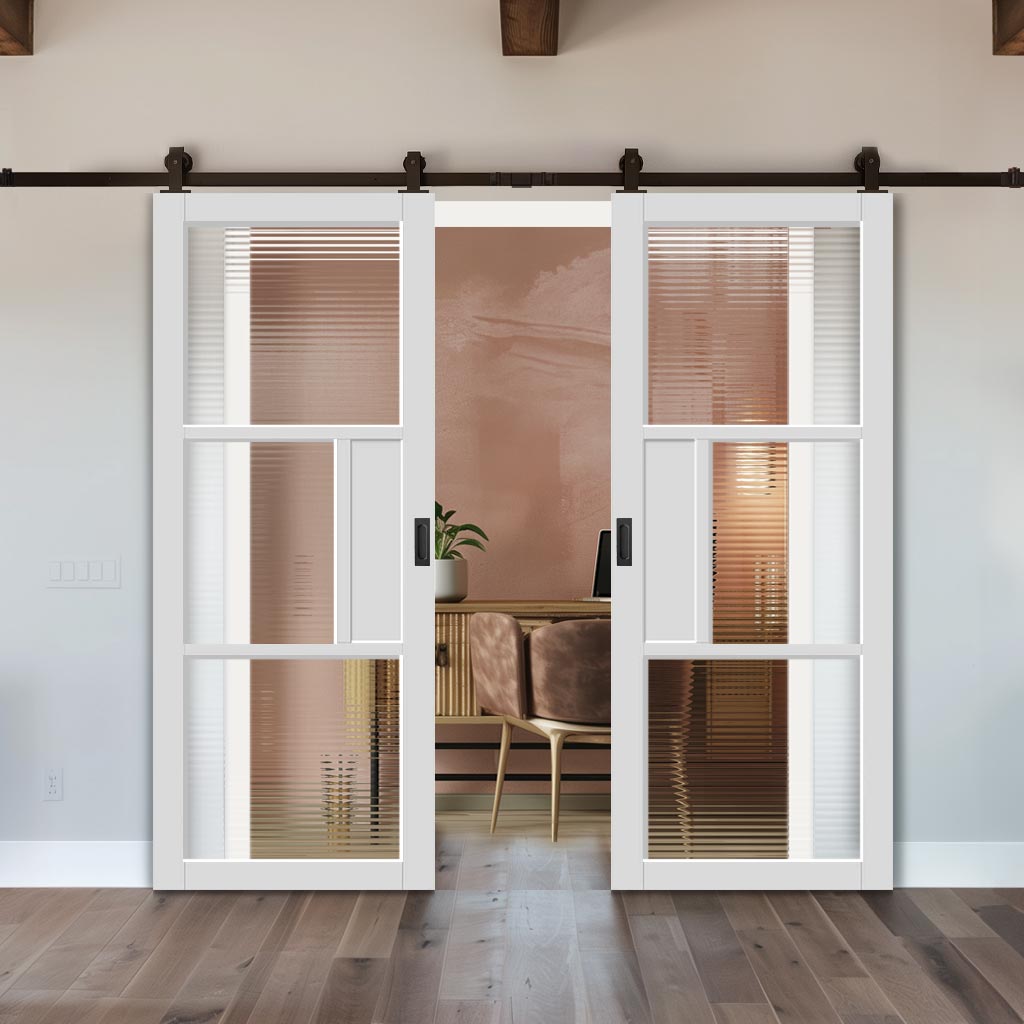 Top Mounted Black Sliding Track & Solid Wood Double Doors - Eco-Urban