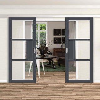 Image: Double Sliding Door & Premium Wall Track - Eco-Urban® Breda 3 Pane 1 Panel Doors DD6439G Clear Glass - 6 Colour Options
