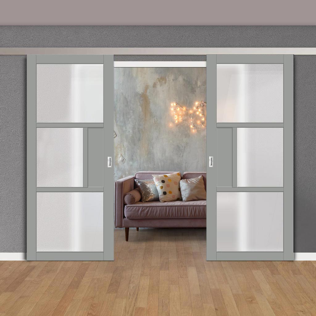 Double Sliding Door & Premium Wall Track - Eco-Urban® Breda 3 Pane 1 Panel Doors DD6439SG Frosted Glass - 6 Colour Options