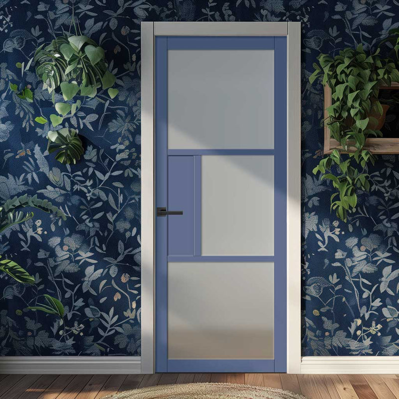 Breda 3 Pane 1 Panel Solid Wood Internal Door UK Made DD6439SG Frosted Glass - Eco-Urban® Heather Blue Premium Primed
