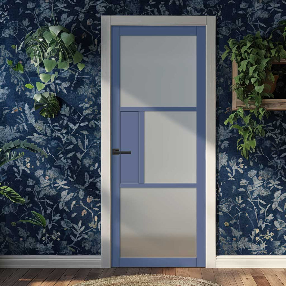 Breda 3 Pane 1 Panel Solid Wood Internal Door UK Made DD6439SG Frosted Glass - Eco-Urban® Heather Blue Premium Primed