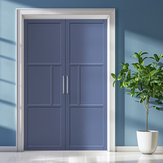 Image: Breda 4 Panel Solid Wood Internal Door Pair UK Made DD6439 - Eco-Urban® Heather Blue Premium Primed