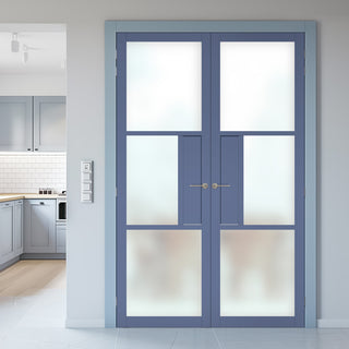 Image: Breda 3 Pane 1 Panel Solid Wood Internal Door Pair UK Made DD6439SG Frosted Glass - Eco-Urban® Heather Blue Premium Primed