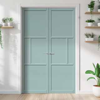 Image: Breda 4 Panel Solid Wood Internal Door Pair UK Made DD6439 - Eco-Urban® Sage Sky Premium Primed