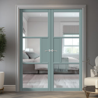 Image: Breda 3 Pane 1 Panel Solid Wood Internal Door Pair UK Made DD6439 - Clear Reeded Glass - Eco-Urban® Sage Sky Premium Primed