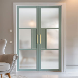 Image: Breda 3 Pane 1 Panel Solid Wood Internal Door Pair UK Made DD6439SG Frosted Glass - Eco-Urban® Sage Sky Premium Primed