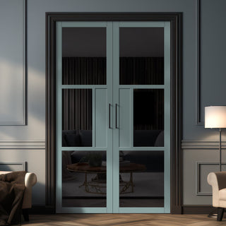 Image: Breda 3 Pane 1 Panel Solid Wood Internal Door Pair UK Made DD6439 - Tinted Glass - Eco-Urban® Sage Sky Premium Primed