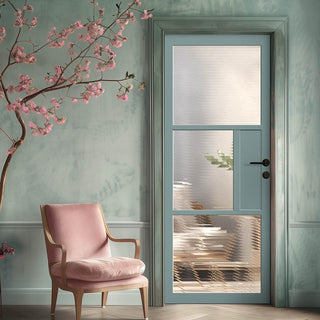 Image: Breda 3 Pane 1 Panel Solid Wood Internal Door UK Made DD6439 - Clear Reeded Glass - Eco-Urban® Sage Sky Premium Primed