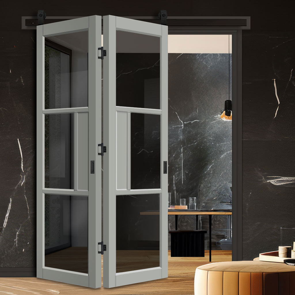 SpaceEasi Top Mounted Black Folding Track & Double Door - Handcrafted Eco-Urban Breda 3 Pane 1 Panel Solid Wood Door DD6439T Tinted Glass - Premium Primed Colour Options