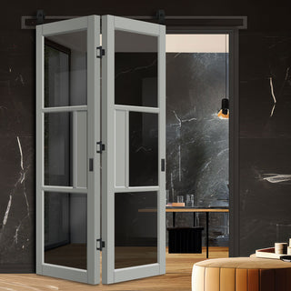 Image: SpaceEasi Top Mounted Black Folding Track & Double Door - Handcrafted Eco-Urban Breda 3 Pane 1 Panel Solid Wood Door DD6439T Tinted Glass - Premium Primed Colour Options