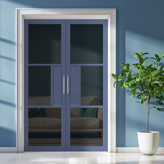 Image: Breda 3 Pane 1 Panel Solid Wood Internal Door Pair UK Made DD6439 - Tinted Glass - Eco-Urban® Heather Blue Premium Primed