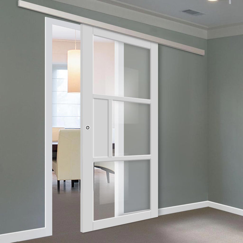 Single Sliding Door & Premium Wall Track - Eco-Urban® Breda 3 Pane 1 Panel Door DD6439G Clear Glass - 6 Colour Options